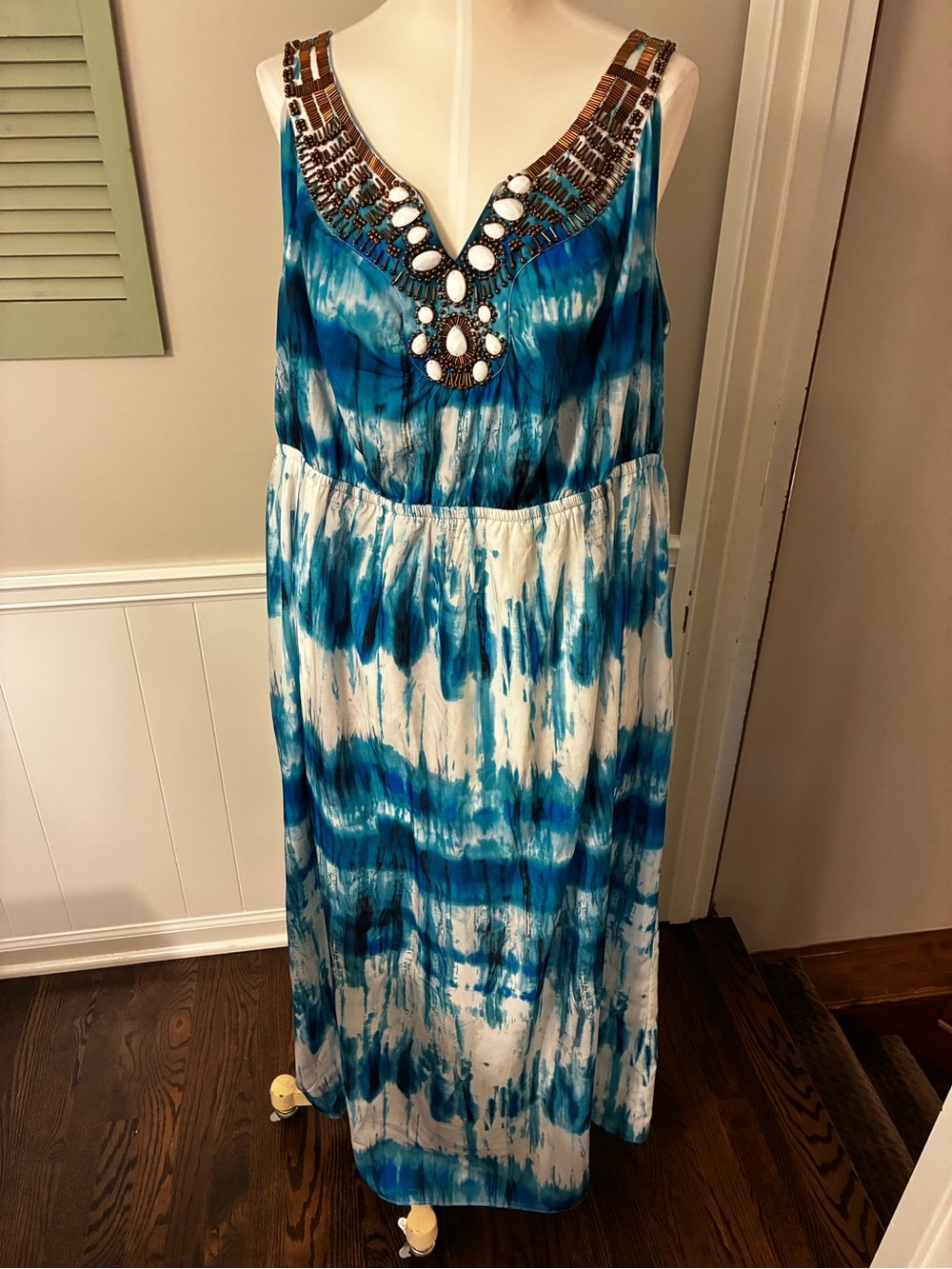 Lane Bryant Blue and White Tie-Dye Maxi Dress with Beaded V-Neck